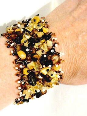 Wide Agate Bracelet Boho Earth-tones Glass Woven Beaded Bracelet sbr-61